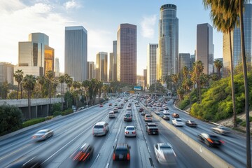 Fototapeta premium Busy Urban Highway with Traffic Flowing Under Skyscrapers in a Bustling Cityscape of Los Angeles at Sunset with Palm Trees Framing the View