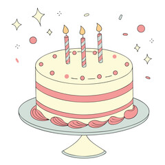 A round, creamy birthday cake with candles on top