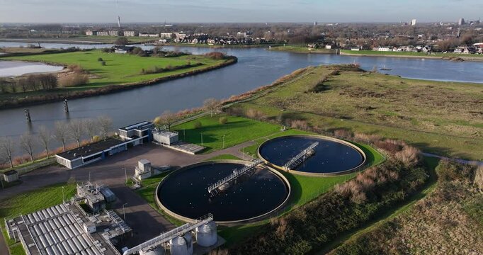 Aerial frone over Waste water treatment plant near the Lek river in Vianen, The Netherlands