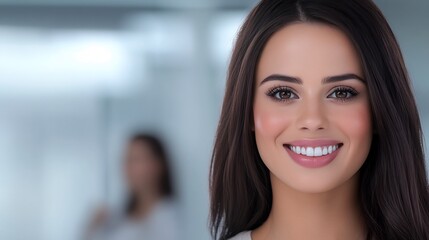 Fototapeta premium Close-up Photo: Radiant Woman Smiling Confidently in Modern Office Setting. AI Generated