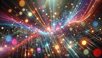 Obraz premium a vibrant and dynamic display of multicolored light streaks and dots, emanating from a central point and spreading outwards in various directions