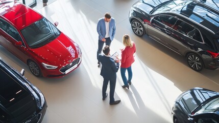 Engaging car trade-in office. Featuring clients negotiating options with a friendly advisor in a modern dealership