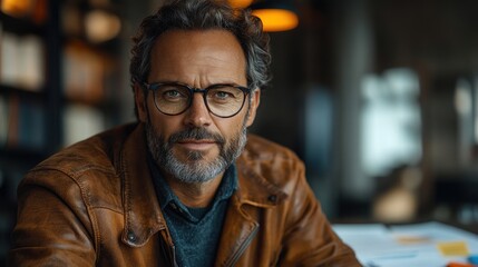 A thoughtful man in a leather jacket, gazing intently, set in a cozy, modern workspace.