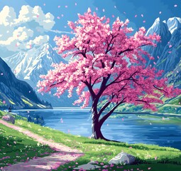 A magnificent and beautiful cherry blossom tree standing alone, with beautiful mountain and lake...