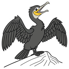 A smiling cormorant perched with its wings spread to dry