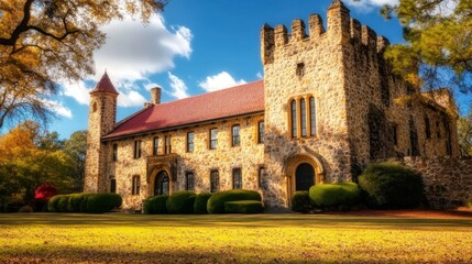 Fototapeta premium Oglethorpe Day Historic oglethorpe day celebration at stone castle architecture surrounded by autumn trees