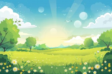 Naklejka premium A Summer Day in a Lush Green Meadow with Bright Blue Skies and White Clouds