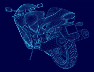 Blue motorcycle with a exhaust pipe. The motorcycle is shown in a 3D format. Concept of motion and speed, as if the motorcycle is in the process of taking off