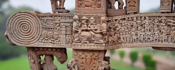 Sanchi is a Buddhist complex, famous for its Great Stupa, located on a hilltop in the town of Sanchi in the Raisen district of Madhya Pradesh, India. Fragment of relief carving.