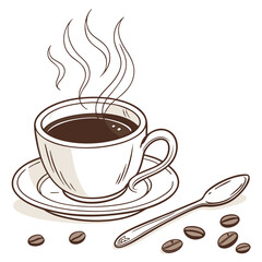 A steaming cup of coffee with a saucer and spoon beside it Illustrator Artwork