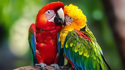 Fototapeten Two colorful parrots cuddling, featuring vivid red, yellow, and green feathers, in a lush environment. © Grzegorz Kuczynski