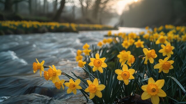 St. David's Day St. david's day celebration with daffodils along a serene riverbank - Powered by Adobe