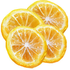 Detailed watercolor illustration of yellow lemon slices with natural textures, summer themes, isolated in PNG transparent background