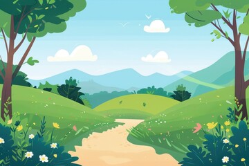 Fototapeta premium A Winding Path Through a Lush Green Valley with Blue Mountains in the Background