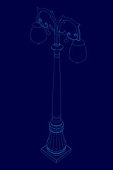 Blue street light pole with two lamps on top. The pole is tall and slender, and the lamps are small and round. The image has a modern and sleek feel to it, with the blue color of the pole