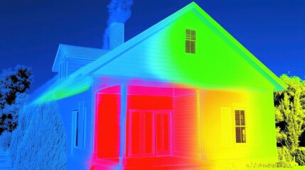 Thermal image of house showing heat loss patterns for energy efficiency analysis