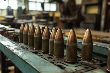row of bullets are on a conveyor belt. The bullets are gold and are lined up in a row