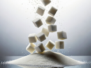Sugar cubes cascading from above creating a spiral formation on a heap of granulated sugar