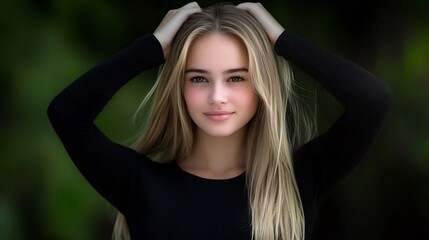 Naklejka premium Close-up Photo: Serene Young Woman Gently Touches Her Hair Outdoors. AI Generated