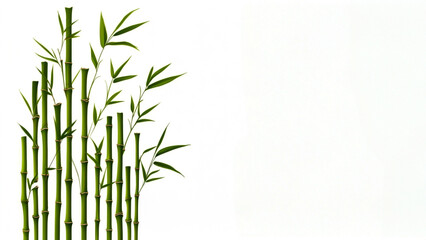 Green bamboo stalks grow vertically against a neutral background in a serene natural setting