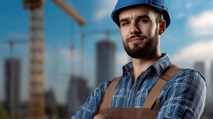 Confident Construction Worker Poses Against City Skyline Photo. AI Generated