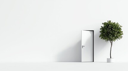 Obraz premium White door on a plain wall beside a potted tree, symbolizing opportunity and growth in a minimalist setting.