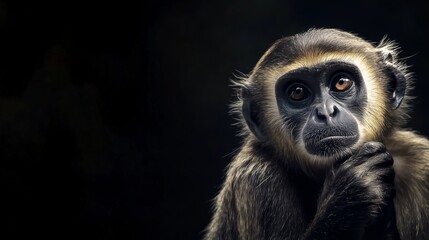 Fototapeta premium Thoughtful monkey gazing into the distance against a dark background.