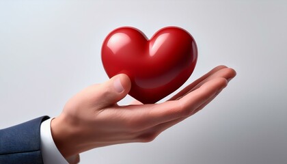 hand holds a small, red, 3D-rendered heart against a white background.