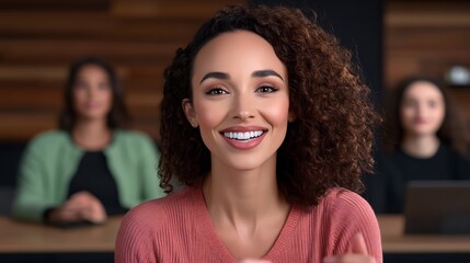 Obraz premium Close-up Photo: Confident Woman Smiling Warmly During a Modern Office Meeting. AI Generated