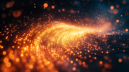 Obraz premium Abstract glowing particles create mesmerizing wave of light, showcasing vibrant orange and gold hues against dark background, evoking sense of energy and movement