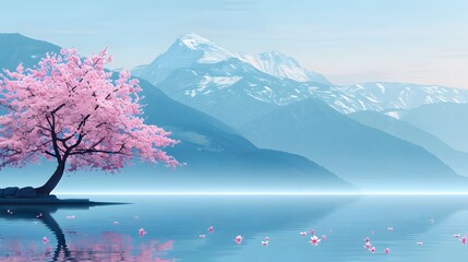 A magnificent and beautiful cherry blossom tree standing alone, with beautiful mountain and lake...