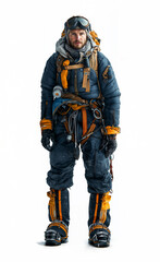 Fototapeta premium Climber in winter gear prepares for an expedition in cold, snowy conditions at high altitude