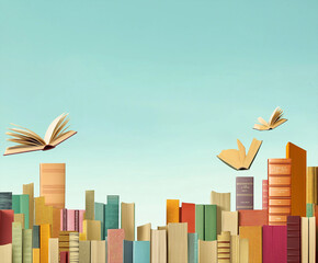 Colorful books are flying around a vibrant skyline against a bright blue background in a whimsical literary representation