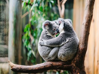 Two koalas sitting on a tree branch. AI.
