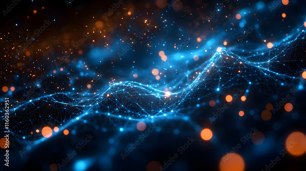Poster abstract digital wave with glowing nodes and particles, representing data or connectivity.