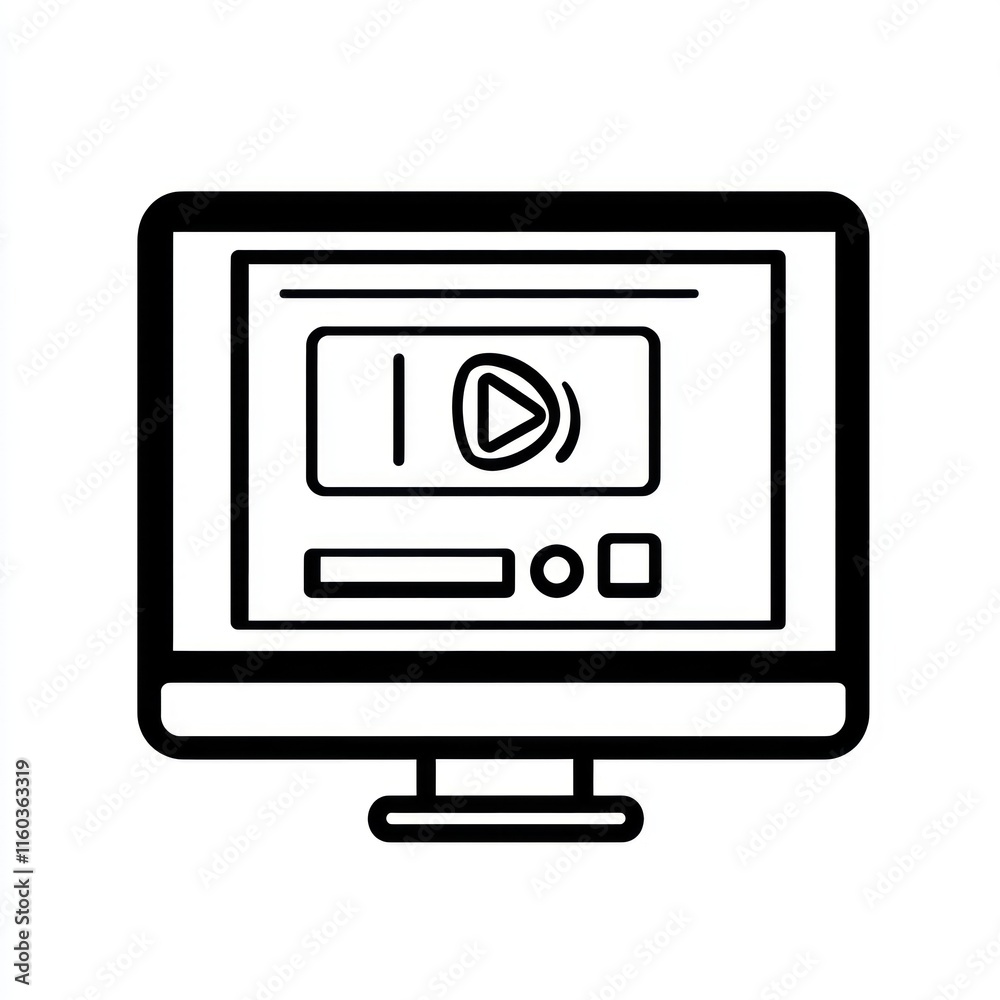 Poster simple line art illustration of a computer screen displaying a video player.