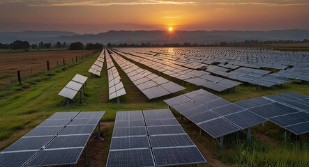 Solar power station with panels on the roof and farm in a scenic landscape featuring water, sky, sunset, and a beach with a bridge and horizon view