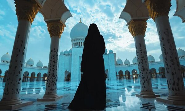Silhouette of arabian woman in black abaya among beautiful arab architecture