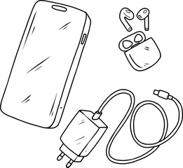 handphone earphone line art illustration set
