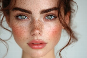 Fototapeta premium A close-up portrait of a woman with striking blue eyes, freckled skin, and soft, natural makeup, highlighting her beauty and features.