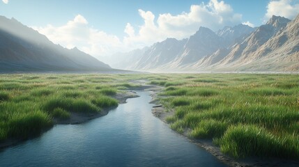 Fototapeta premium Serene mountain valley with a flowing stream, lush meadow and majestic peaks under a bright, partly cloudy sky.
