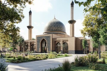 A beautifully designed mosque with domes and minarets surrounded by greenery.