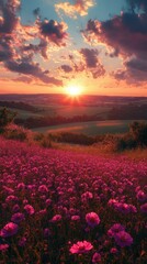 Fototapeta premium Serene Sunset over a Field of Purple Flowers