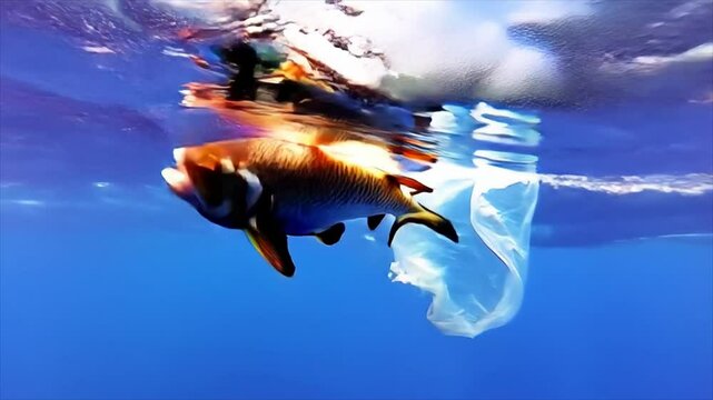 fish in the ocean trapped in plastic bag
