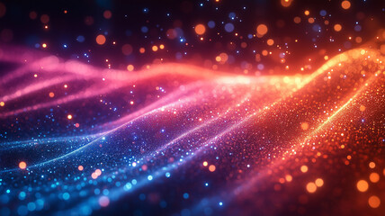 Obraz premium Vibrant abstract waves of light with sparkling particles in blue, pink, and orange hues create mesmerizing visual effect. glowing colors evoke sense of energy and movement
