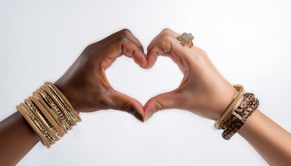 Two hands form a heart shape, one with a bracelet, on a white background.