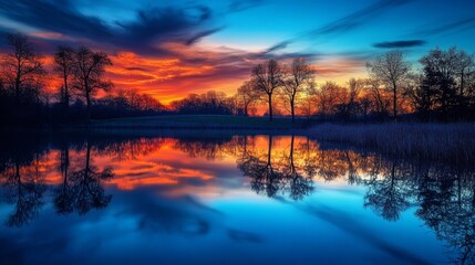 Vibrant sunset reflected in calm lake water, silhouetted trees.