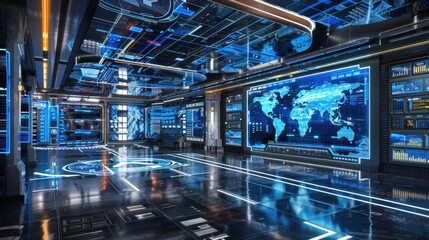 Futuristic data center control room with holographic displays and world map.