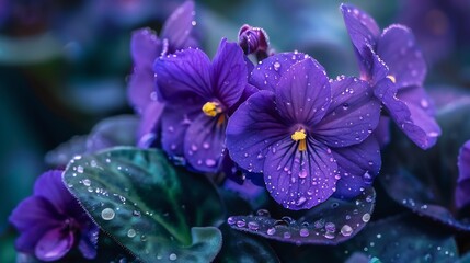 Purple Violets with Dew Drops: A Close-Up Macro Photography