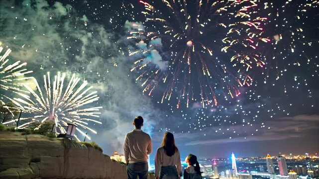 family at cliff with starry sky firework over city lights boom as background